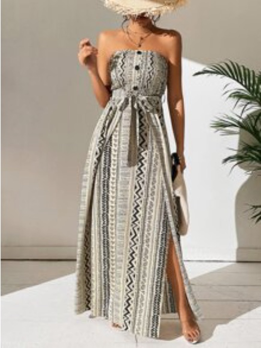 Boho Strapless Maxi Dress in Beige and Black